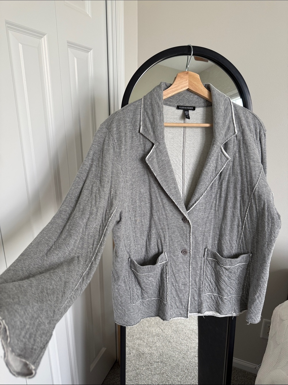 Eileen Fisher Light Gray Relaxed Knit Blazer with distressed seams